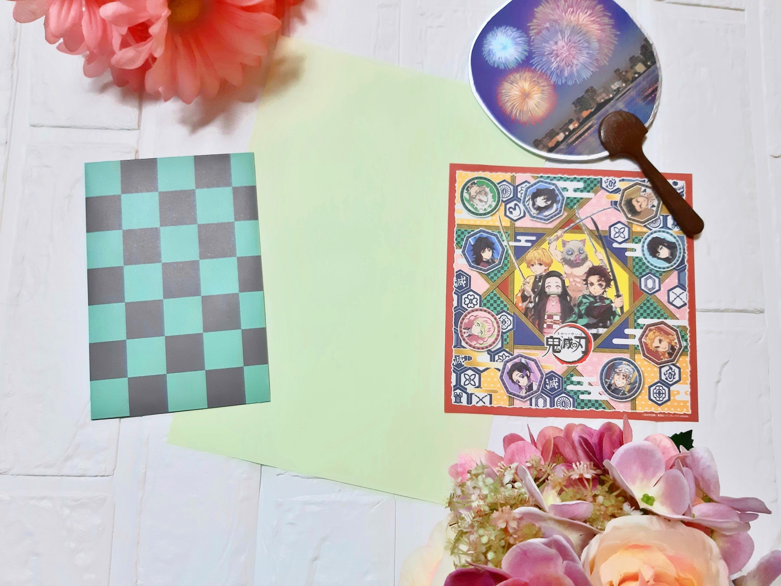 Long envelope checkerboard in green Uchiwa set